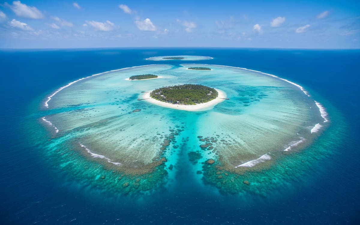 Vedere aeriana spectaculoasa a arhipelagului Maldive cu atolii si apele cristaline
