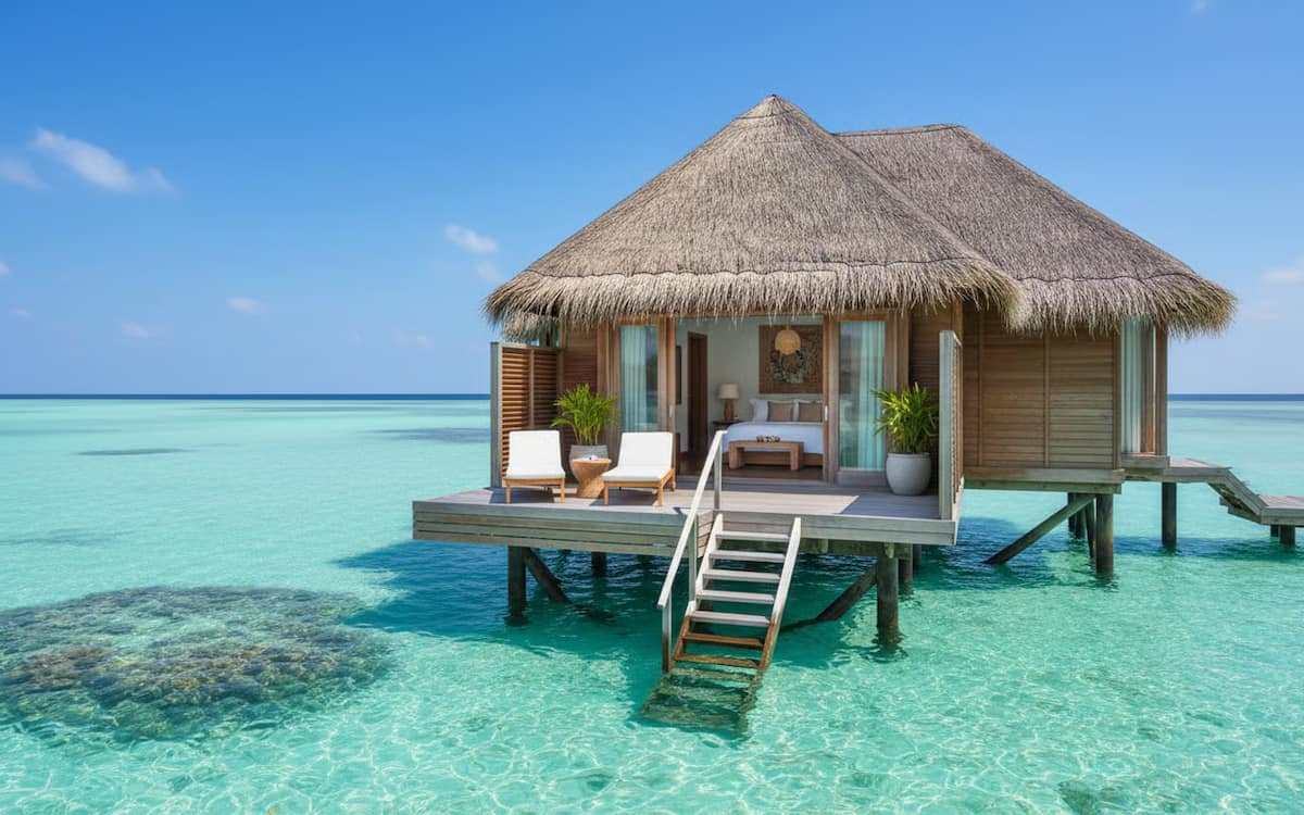 3 sfaturi calatorie maldive - Vila luxoasa pe apa reprezentand cazarea premium in Maldive