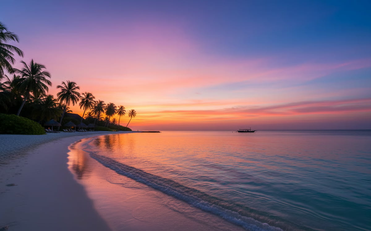 8 sfaturi calatorie maldive - Apus romantic spectaculos in Maldive cu palmieri si barca traditionala